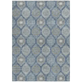 3' X 5' Navy Blue Ivory And Taupe Floral Medallion Washable Indoor Outdoor Area Rug