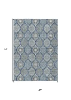 5' X 8' Navy Blue Ivory And Taupe Floral Medallion Washable Indoor Outdoor Area Rug