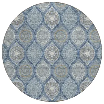 8' Navy Blue Ivory And Taupe Round Floral Medallion Washable Indoor Outdoor Area Rug
