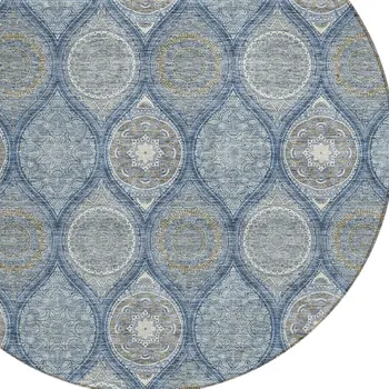 8' Navy Blue Ivory And Taupe Round Floral Medallion Washable Indoor Outdoor Area Rug