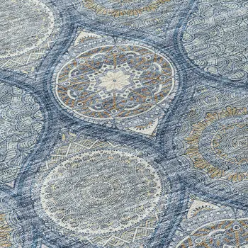 8' Navy Blue Ivory And Taupe Round Floral Medallion Washable Indoor Outdoor Area Rug