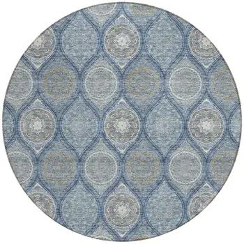 8' Navy Blue Ivory And Taupe Round Floral Medallion Washable Indoor Outdoor Area Rug