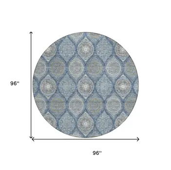 8' Navy Blue Ivory And Taupe Round Floral Medallion Washable Indoor Outdoor Area Rug