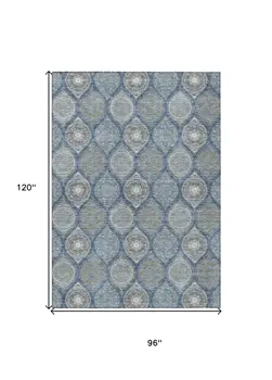 8' X 10' Navy Blue Ivory And Taupe Floral Medallion Washable Indoor Outdoor Area Rug