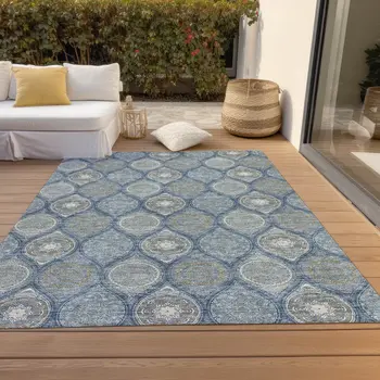 8' X 10' Navy Blue Ivory And Taupe Floral Medallion Washable Indoor Outdoor Area Rug