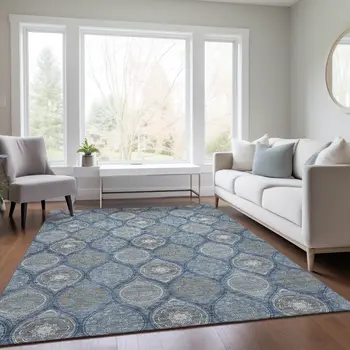 8' X 10' Navy Blue Ivory And Taupe Floral Medallion Washable Indoor Outdoor Area Rug