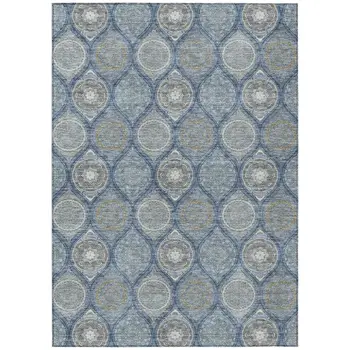 9' X 12' Navy Blue Ivory And Taupe Floral Medallion Washable Indoor Outdoor Area Rug