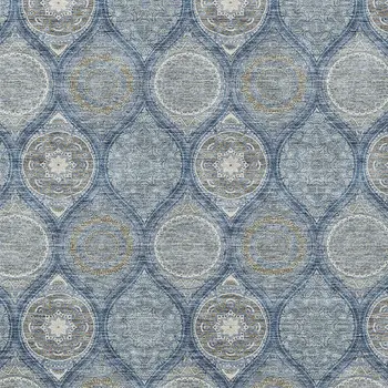 10' X 14' Navy Blue Ivory And Taupe Floral Medallion Washable Indoor Outdoor Area Rug