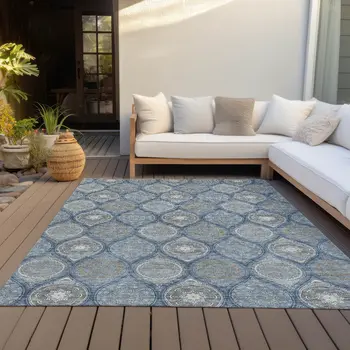 10' X 14' Navy Blue Ivory And Taupe Floral Medallion Washable Indoor Outdoor Area Rug