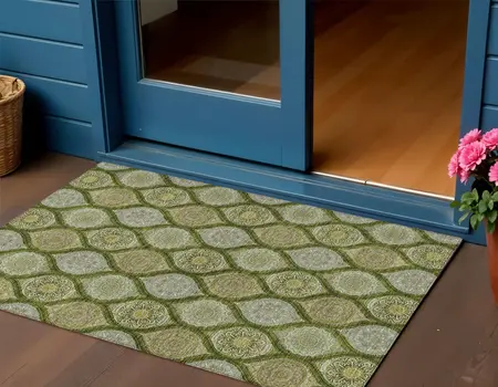 3' X 5' Olive Green Gold And Ivory Floral Medallion Washable Indoor Outdoor Area Rug