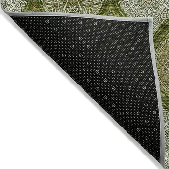 3' X 5' Olive Green Gold And Ivory Floral Medallion Washable Indoor Outdoor Area Rug