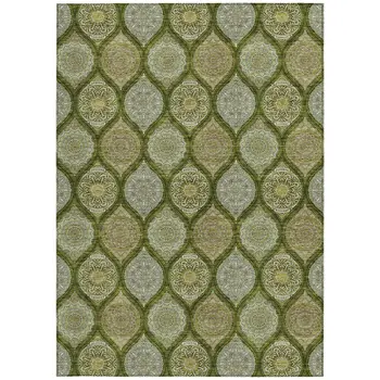 5' X 8' Olive Green Gold And Ivory Floral Medallion Washable Indoor Outdoor Area Rug