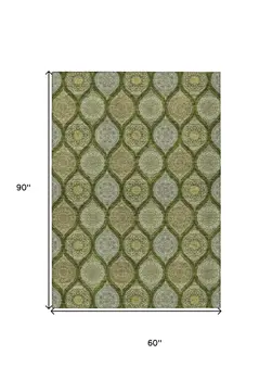 5' X 8' Olive Green Gold And Ivory Floral Medallion Washable Indoor Outdoor Area Rug
