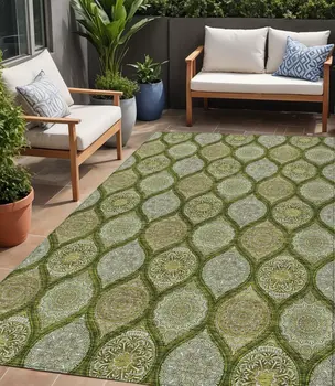 5' X 8' Olive Green Gold And Ivory Floral Medallion Washable Indoor Outdoor Area Rug