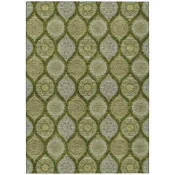 5' X 8' Olive Green Gold And Ivory Floral Medallion Washable Indoor Outdoor Area Rug