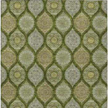 5' X 8' Olive Green Gold And Ivory Floral Medallion Washable Indoor Outdoor Area Rug