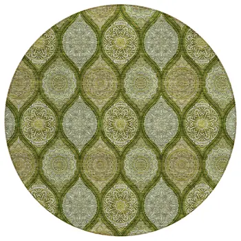8' Olive Green Gold And Ivory Round Floral Medallion Washable Indoor Outdoor Area Rug