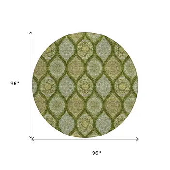 8' Olive Green Gold And Ivory Round Floral Medallion Washable Indoor Outdoor Area Rug