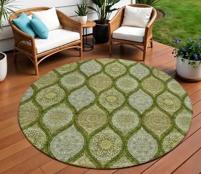 8' Olive Green Gold And Ivory Round Floral Medallion Washable Indoor Outdoor Area Rug