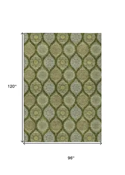 8' X 10' Olive Green Gold And Ivory Floral Medallion Washable Indoor Outdoor Area Rug