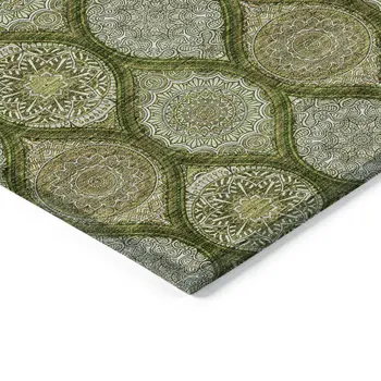 8' X 10' Olive Green Gold And Ivory Floral Medallion Washable Indoor Outdoor Area Rug