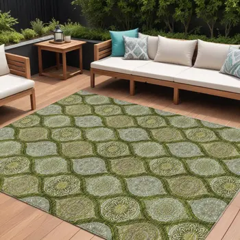 10' X 14' Olive Green Gold And Ivory Floral Medallion Washable Indoor Outdoor Area Rug