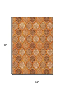 3' X 5' Orange Ivory And Gray Floral Medallion Washable Indoor Outdoor Area Rug
