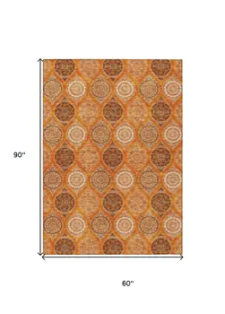 5' X 8' Orange Ivory And Gray Floral Medallion Washable Indoor Outdoor Area Rug
