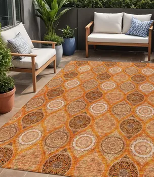 5' X 8' Orange Ivory And Gray Floral Medallion Washable Indoor Outdoor Area Rug
