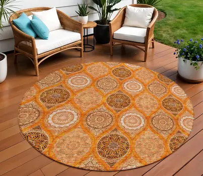 8' Orange Ivory And Gray Round Floral Medallion Washable Indoor Outdoor Area Rug