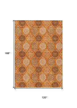 10' X 14' Orange Ivory And Gray Floral Medallion Washable Indoor Outdoor Area Rug