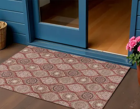 3' X 5' Orange Beige And Gray Floral Medallion Washable Indoor Outdoor Area Rug