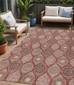 5' X 8' Orange Beige And Gray Floral Medallion Washable Indoor Outdoor Area Rug