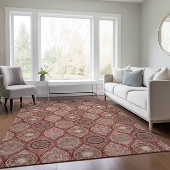 5' X 8' Orange Beige And Gray Floral Medallion Washable Indoor Outdoor Area Rug