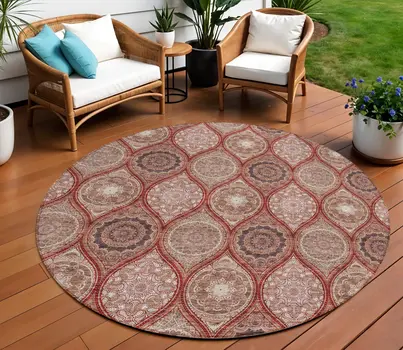 8' Orange Beige And Gray Round Floral Medallion Washable Indoor Outdoor Area Rug