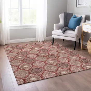 8' X 10' Orange Beige And Gray Floral Medallion Washable Indoor Outdoor Area Rug