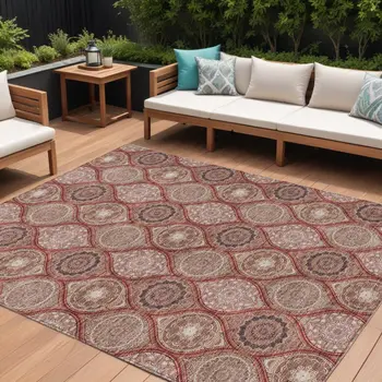 10' X 14' Orange Beige And Gray Floral Medallion Washable Indoor Outdoor Area Rug