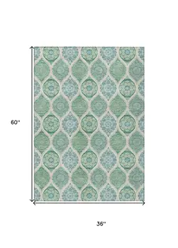 3' X 5' Sage Ivory And Teal Blue Floral Medallion Washable Indoor Outdoor Area Rug