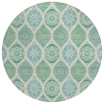 8' Sage Ivory And Teal Blue Round Floral Medallion Washable Indoor Outdoor Area Rug