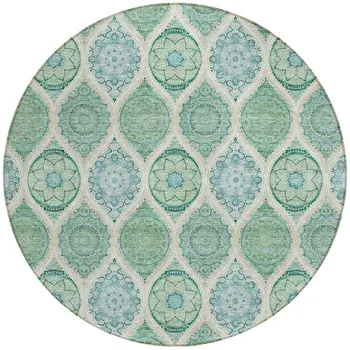 8' Sage Ivory And Teal Blue Round Floral Medallion Washable Indoor Outdoor Area Rug