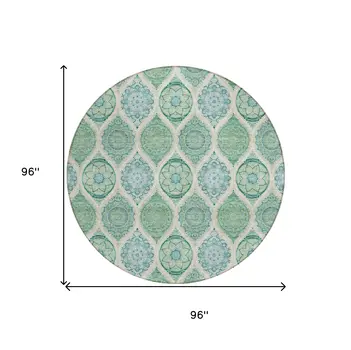 8' Sage Ivory And Teal Blue Round Floral Medallion Washable Indoor Outdoor Area Rug