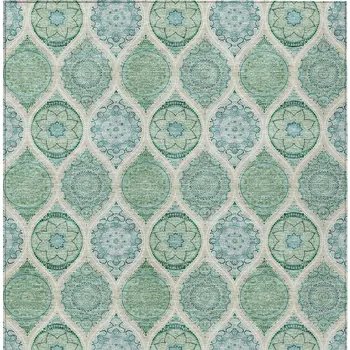 8' X 10' Sage Ivory And Teal Blue Floral Medallion Washable Indoor Outdoor Area Rug