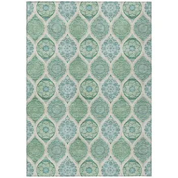 8' X 10' Sage Ivory And Teal Blue Floral Medallion Washable Indoor Outdoor Area Rug