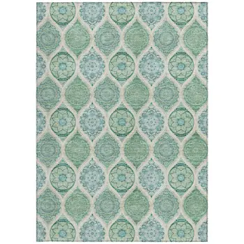 9' X 12' Sage Ivory And Teal Blue Floral Medallion Washable Indoor Outdoor Area Rug
