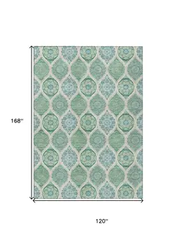10' X 14' Sage Ivory And Teal Blue Floral Medallion Washable Indoor Outdoor Area Rug