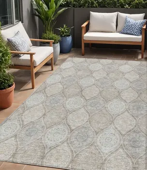 5' X 8' Taupe Beige And Khaki Floral Medallion Washable Indoor Outdoor Area Rug