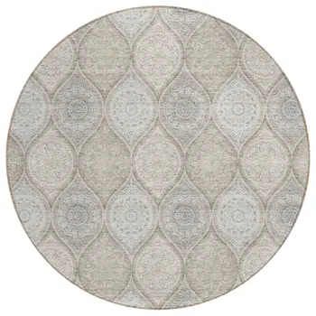 8' Taupe Beige And Khaki Round Floral Medallion Washable Indoor Outdoor Area Rug