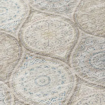 8' Taupe Beige And Khaki Round Floral Medallion Washable Indoor Outdoor Area Rug