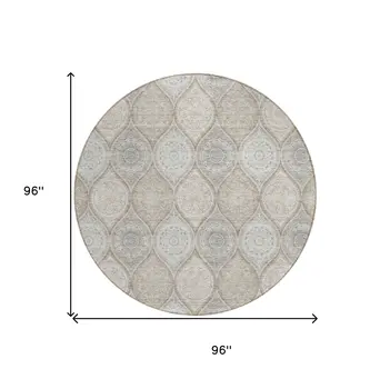 8' Taupe Beige And Khaki Round Floral Medallion Washable Indoor Outdoor Area Rug