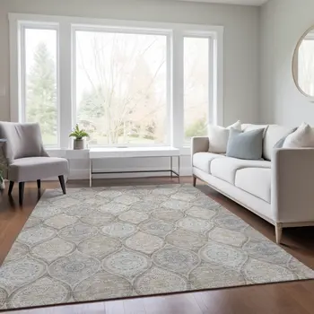 8' X 10' Taupe Beige And Khaki Floral Medallion Washable Indoor Outdoor Area Rug